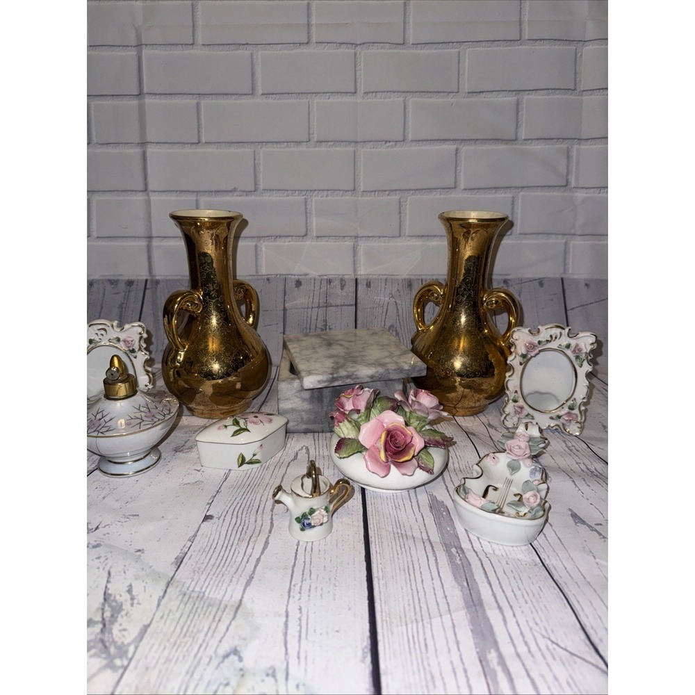 Vintage Porcelain Glass Vanity Lot Gold Vases Marble Box Floral Trinket Set
